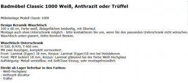 Badmöbelset 970 mm Unterschrank und Waschbecken in Weiß, Anthrazit und Trüffel