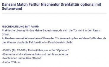 Dansani Duschfalttür Falttür Nische Match auch mit Seitenwand