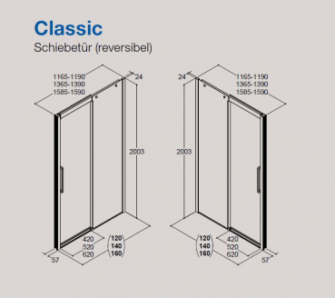 Dansani XXL Dusche Großraumdusche Schiebetür Duschtür Classic 120 - 160 cm, modernes Design für Ihr Traumbad