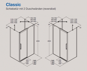 Dansani XXL Dusche Großraumdusche Schiebetür Duschtür Classic 120 - 160 cm mit 2 Seitenwänden, modernes Design für Ihr Traumbad