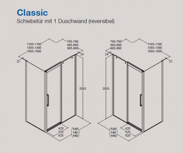 Dansani XXL Dusche Großraumdusche Schiebetür Duschtür Classic 120 - 160 cm mit Seitenwand, modernes Design für Ihr Traumbad