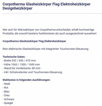 Flag Glasheizkörper Elektroheizkörper Designheizkörper von Corpotherma