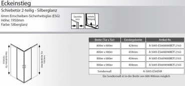 Preview: GEO S5 Eckeinstieg mit 2 Schiebetüren Silberglanz, Schwarz oder Brushed Gold