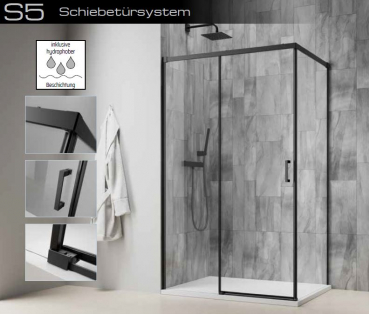 GEO S5 Schiebetür 2-teilig mit Seitenteil 90° Silberglanz, Schwarz oder Brushed Gold