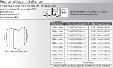 Preview: GEO S5 Schiebetür 2-teilig mit Seitenteil 90° Silberglanz, Schwarz oder Brushed Gold