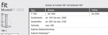 GEO maw Fit F-1302 Duschkabine Drehtür an Festteil mit Seitenteil für Nische Aufmaß inklusive