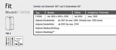 GEO maw Fit F-6006 U-Kabine Drehtür an Fixteil und 2 Seitenwände Duschkabine U-Form Aufmaß inklusive