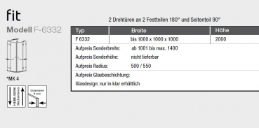 GEO maw Fit F-6332 U-Kabine 2 Drehtüren an 2 Festteilen Runddusche und 1 Seitenwand Duschkabine U-Form Aufmaß inklusive