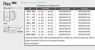 GEO maw Flex Pro AP-E200 Eckeinstieg 2 Pendeltüren an Fixteilen Duschkabine in Chromoptik oder Schwarz mit Beschichtung