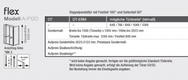 GEO maw flex A-F120 Duschkabine Doppel-Pendeltür an Fixteil mit Seitenteil Eckdusche Fronteinstieg