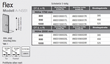 GEO maw flex A-NS51 Duschkabine Schiebetür Höhe 1750 und 2000 inkl. Beschichtung