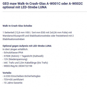 Geo Walk In A-W001C + A-W002C Crash Glas LED maw