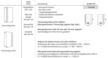 HSK ALU-Spiegelschrank ASP 500 LED Aluminium Doppelspiegeltür 450 x 750