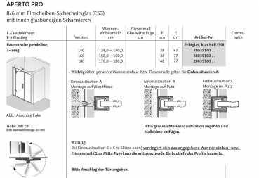 HSK Aperto Pro Pendeltür für Nische Nischentür 3-tlg. Einbauschiene Montage Unterputz