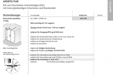 HSK Aperto Pur Pendeltür Drehtür an 2 Seitenteilen Nischentür Duschtür inkl. Aufmaß