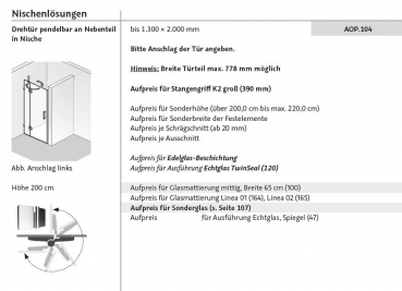 HSK Aperto Pur Pendeltür Drehtür an Seitenteil Nischentür Duschtür inkl. Aufmaß
