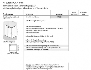 HSK Atelier Plan Pur Eckdusche Drehtür mit Fixteil an Seitenwand Eckkabine Dusche inkl. Aufmaß