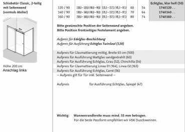 HSK Atelier Plan Schiebetür Classic mit Seitenwand Duschkabine Eckdusche