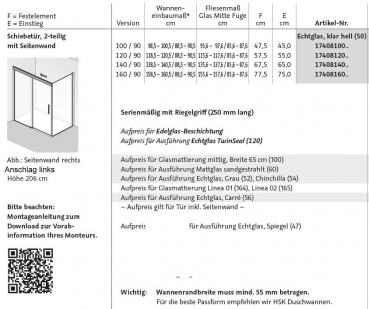 HSK Atelier Plan Schiebetür mit Seitenwand Schwarz oder Chrom Duschkabine Eckdusche