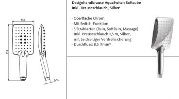 HSK Designhandbrause AquaSwitch Softcube inkl. Brauseschlauch, Silber