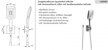 HSK Designhandbrause AquaSwitch Softcube inkl. Brauseschlauch und Wandhalterung