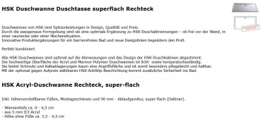 Flache Duschwanne, super-flache Duschtasse aus Acryl Rechteck von HSK