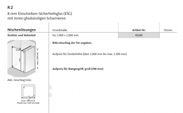 HSK K2 Pendeltür Drehtür an Nebenteil Nischentür Duschabtrennung inkl. Aufmaß