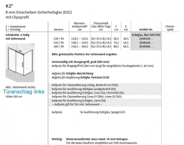 HSK K2P Schiebetür mit Seitenwand Duschabtrennung Duschkabine Fronteinstieg