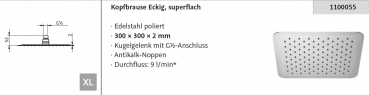 HSK Kopfbrause Regendusche eckig 300 x 300 x 2 mm superflach