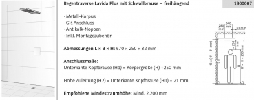 HSK Lavida/Lavida Plus Regentraverse freihängend oder mit Glasaufnahme Regendusche ohne/mit Schwallbrause