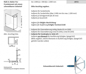 HSK Walk In Atelier Pur rahmenlose Duschabtrennung mit schwenkbarem Seitenteil Spritzschutzwand