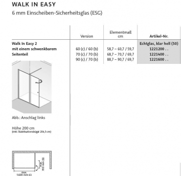 HSK Walk In Easy 2 Duschabtrennung Spritzschutzwand mit schwenkbarem Seitenteil