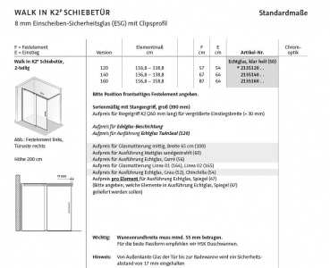 HSK Walk In K2P Schiebetür 2-teilig Duschabtrennung Großraum-Duschtür mit Clipsprofil