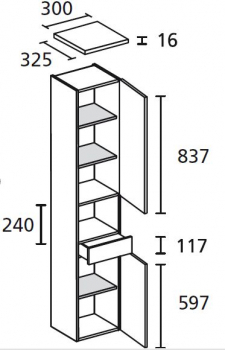 Lanzet Hochschrank mit 2 Türen, Schublade und Nische 1816 x 300 mm