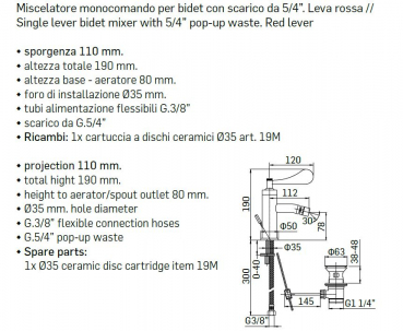 Mamoli Bidet-Armatur Paola&The Bathroom Wasserhahn 5941 Hebel Chrom oder Rot