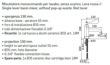 Mamoli Waschbecken-Armatur Paola&The Bathroom Wasserhahn 4943S15 Hebel Chrom oder Rot