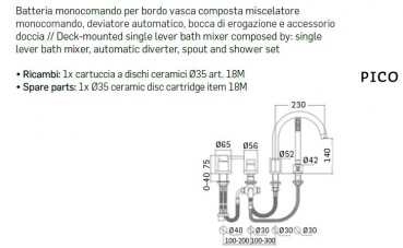 Mamoli Badewannen-Armatur Pico 1581 Wasserhahn Wannenrand mit Handbrause Chrom