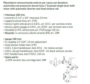 Mamoli Badewannen-Armatur Pico 1380PG Wasserhahn mit Handbrause Chrom / Schwarz / Gebürstet