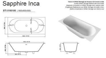 Moma Design Sapphire Inca Einbau-Badewanne 1800 x 800 x 500 mm White Stonage Weiß matt