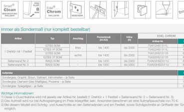 PUK Vispa Duschabtrennung an Wand U-Kabine Schwenktür an Fixteil mit 2 Seitenwänden