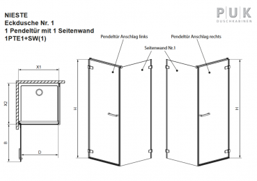 PUK Nieste Eckdusche 1 Eck-Duschkabine Schwenktür mit Seitenwand