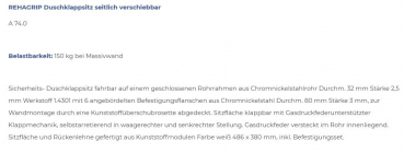Rehagrip Duschklappsitz seitlich verschiebbar mit Rahmen 1500 mm