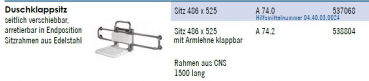Rehagrip Duschklappsitz seitlich verschiebbar mit Rahmen 1500 mm
