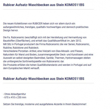 Rubicer KOMO511BS Aufsatzwaschbecken