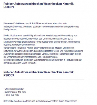 Rubicer RS0389 Keramik-Aufsatzwaschbecken
