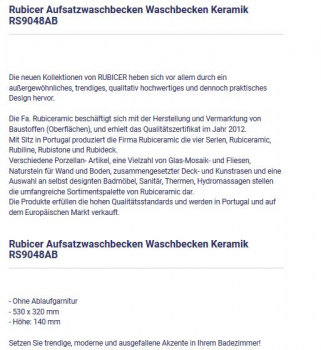 Rubicer RS9048AB Keramik-Aufsatzwaschbecken