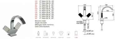 Treemme Kea Bidet-Armatur Wasserhahn Einlochbatterie 7A24R mit Kristallgriffen