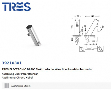 Tres elektronischer Wasserhahn Anti-Covid Waschbecken-Armatur mit Infrarotsensor 39210301