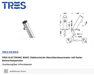 Tres elektronischer Wasserhahn Anti-Covid Waschbecken-Armatur mit Infrarotsensor 39210302