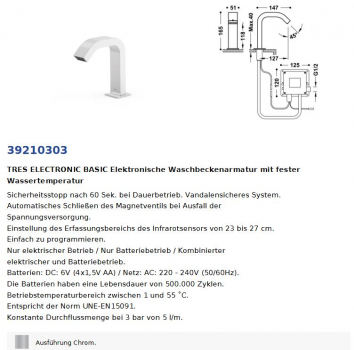 Tres elektronischer Wasserhahn Anti-Covid Waschbecken-Armatur mit Infrarotsensor 39210303